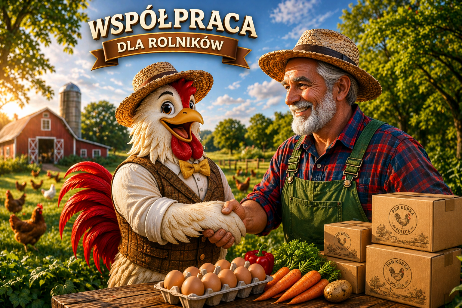 Rolnik zbierający jajka - współpraca z Panem Kurką
